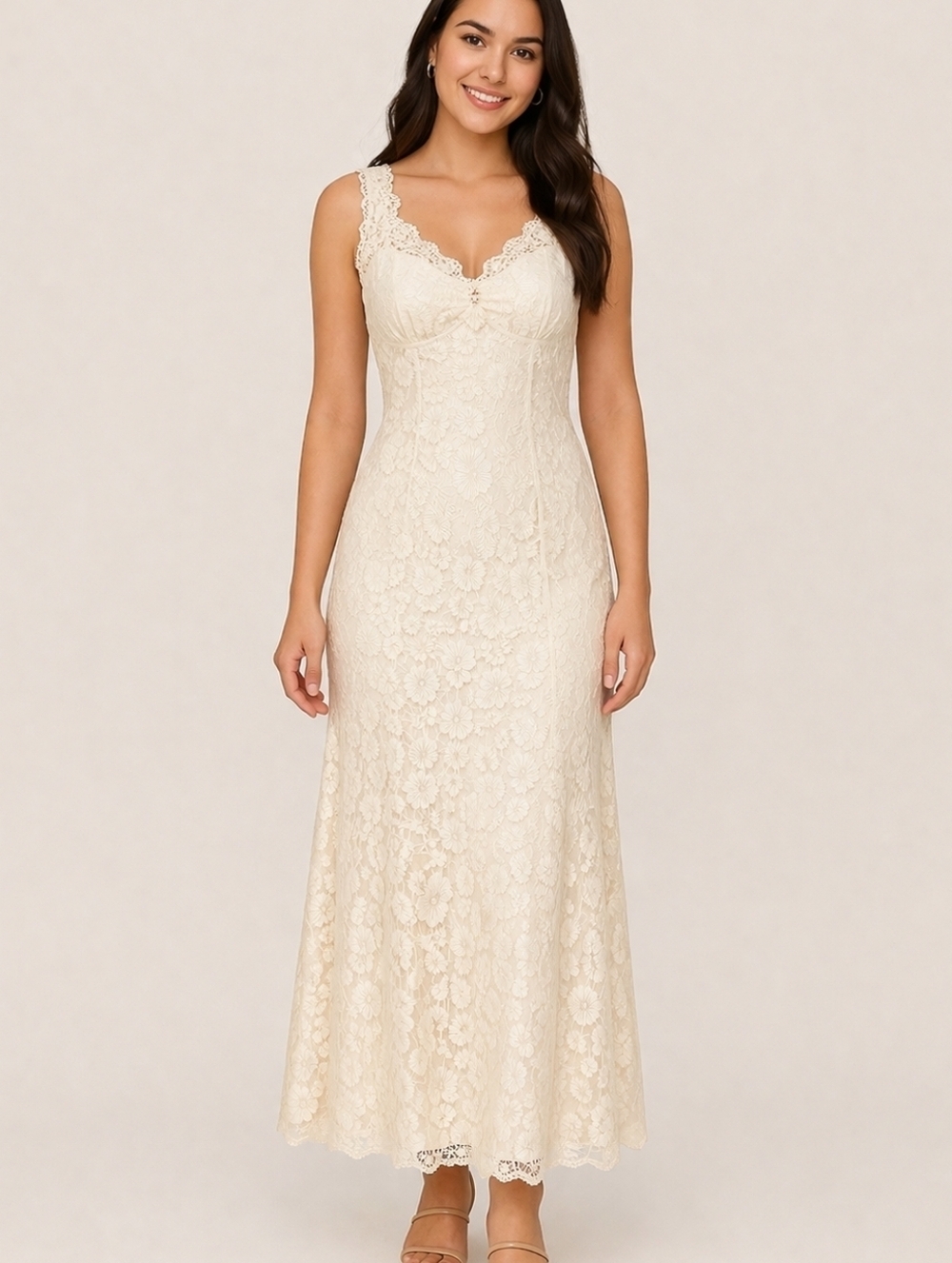 BETSY & ADAM Ivory Lace Satin Draped Open Back Wedding Formal Gown